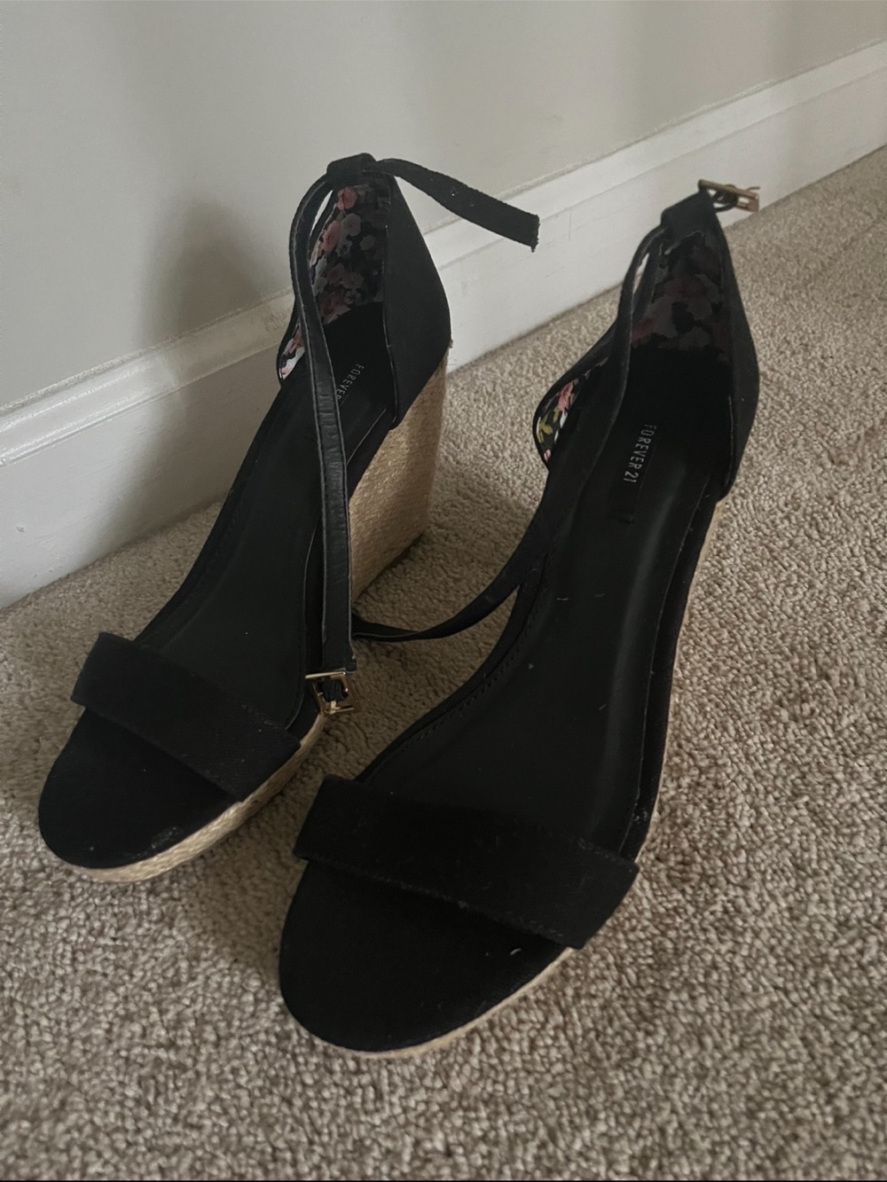 Forever 21 7 Black Wedge Sandals with Anklet Strap